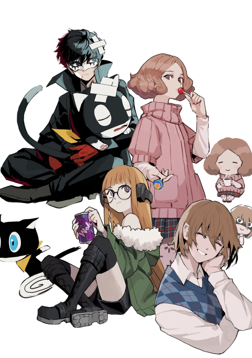 1_kdcrf 2girls 3boys akechi_gorou amamiya_ren argyle bandaid bandaid_on_head behind-the-head_headphones black_footwear black_hair black_jacket black_pants black_shorts black_socks blue_eyes blue_sweater_vest boots brown_hair c: candy cat chibi chibi_inset closed_eyes collared_shirt commentary_request cup floral_print food full_body fur-trimmed_jacket fur_trim glasses gloves green_jacket headphones high_collar highres holding holding_cup holding_food jacket knee_boots kneehighs korean_commentary lollipop long_hair looking_at_viewer mask messy_hair morgana_(persona_5) multiple_boys multiple_girls okumura_haru pants persona persona_5 red_gloves running sakura_futaba scarf shaded_face shirt short_hair shorts simple_background smile socks sweater_vest violet_eyes white_background white_mask white_shirt yellow_scarf