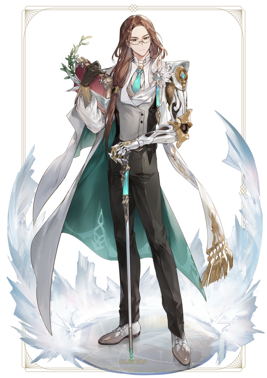 1boy absurdres alice_in_wonderland book brown_dust_2 cane cape chap_sal_! glasses highres holding holding_book holding_cane long_hair mechanical_arms necktie olstein_(brown_dust) scarf single_mechanical_arm tuxedo