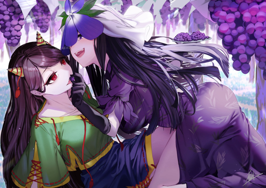 2girls black_gloves black_hair blue_shorts blush breasts china_dress chinese_clothes collarbone commentary_request dress flower flower_on_head food fruit gloves grapes green_shirt highres holding holding_food holding_fruit horns ishikawa_sparerib large_breasts long_hair multiple_girls nippaku_zanmu oni_horns open_mouth purple_dress purple_flower red_eyes shirt short_sleeves shorts signature small_breasts smile touhou twitter_username violet_eyes yellow_horns yomotsu_hisami yuri