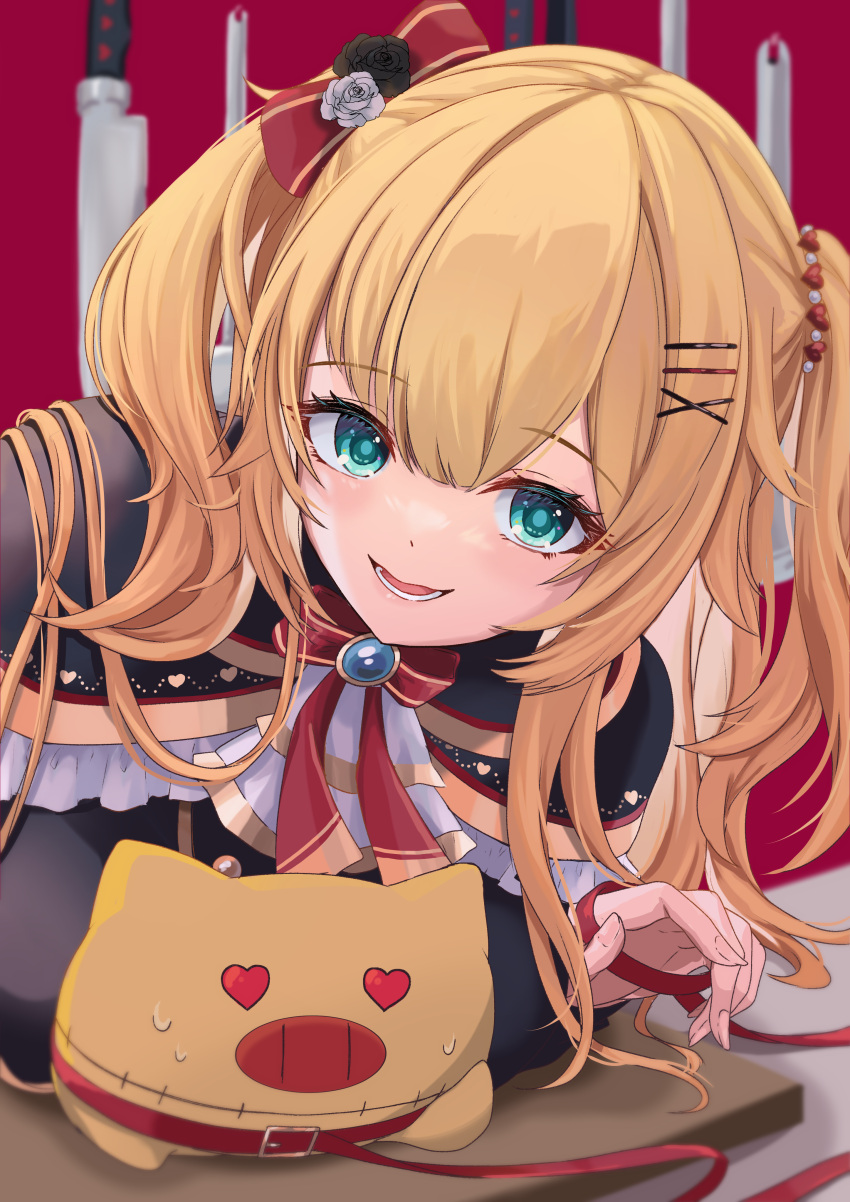 1girl absurdres akai_haato akai_haato_(gothic_lolita) blonde_hair blue_eyes blurry blurry_background bow brooch capelet collar commentary_request frilled_capelet frills haaton_(akai_haato) hair_bow hair_ornament hairclip harusame349 heart heart-shaped_eyes highres hololive jewelry knife long_hair looking_at_viewer open_mouth red_background solo twintails virtual_youtuber