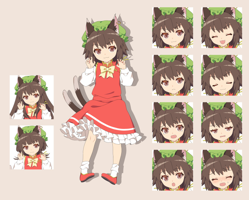 1girl 4rion absurdres animal_ear_fluff animal_ear_piercing animal_ears bow bowtie brown_eyes brown_hair cat_ears cat_tail chen claw_pose commentary_request earrings green_headwear hat highres jewelry long_hair long_sleeves mandarin_collar mob_cap multiple_tails red_footwear red_skirt red_vest shirt shoes short_hair single_earring skirt skirt_set socks standing tachi-e tail touhou two_tails vest white_shirt white_socks yellow_bow yellow_bowtie