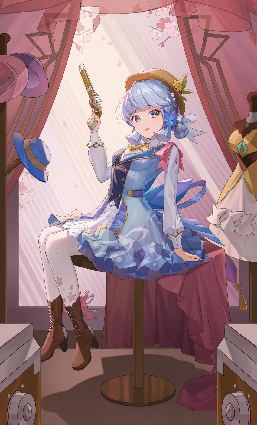 1girl absurdres antique_firearm blue_dress blue_eyes blue_hair boots braid breasts brown_footwear brown_headwear butterfly_hair_ornament commentary_request dress firelock flintlock flower full_body genshin_impact gun hair_flower hair_ornament hand_up hat high_heels highres holding holding_gun holding_weapon indoors kamisato_ayaka kamisato_ayaka_(springbloom_missive) long_sleeves looking_at_viewer mole mole_under_eye official_alternate_costume open_mouth panties short_hair sitting small_breasts solo tutuxia underwear weapon white_panties