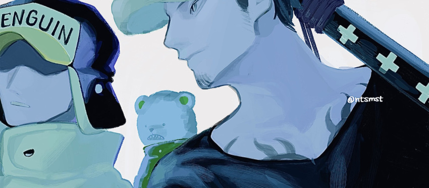3boys bear bepo black_shirt closed_mouth facial_hair hat high_collar highres male_focus multiple_boys muted_color ntsmst one_piece parted_lips penguin_(one_piece) polar_bear shade shaded_face sheath sheathed shirt smile tattoo trafalgar_law twitter_username v-neck white_background