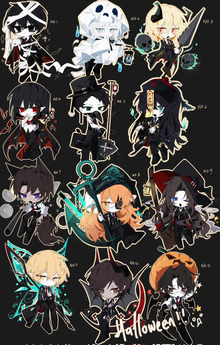 6+boys 6+girls anchor animal_ears aqua_eyes black_background black_coat black_hair black_pants black_vest broom brown_hair chest_harness coat demon_horns demon_wings don_quixote_(project_moon) e.g.o_(project_moon) fairy_wings fangs faust_(project_moon) fluorescent_lamp ghost gregor_(project_moon) harness hat heathcliff_(project_moon) highres holding holding_broom hong_lu_(project_moon) horns ishmael_(project_moon) jiangshi lemonail limbus_company long_hair meursault_(project_moon) military_hat multiple_boys multiple_girls mummy_costume necktie ofuda_on_head open_mouth orange_eyes orange_hair outis_(project_moon) pants plague_doctor_mask pointy_ears project_moon red_eyes red_necktie rodion_(project_moon) ryoshu_(project_moon) shirt short_hair simple_background sinclair_(project_moon) skull tail vampire very_long_hair vest violet_eyes white_shirt wings witch_hat wolf_ears wolf_tail yi_sang_(project_moon)