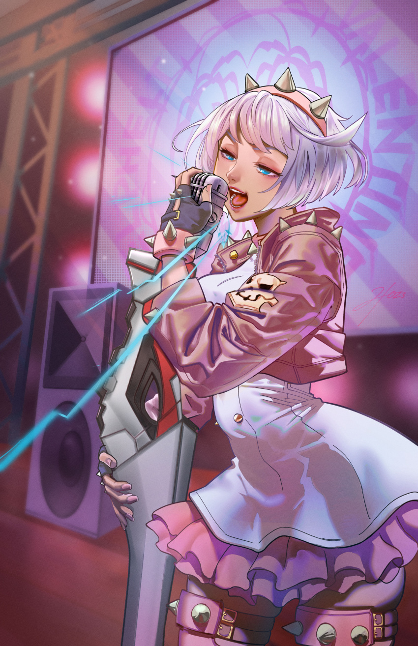 1girl absurdres ahoge aqua_eyes artistntraining blue_eyes bracelet collar concert dress elphelt_valentine frills guilty_gear guilty_gear_strive hairband heart highres holding holding_microphone huge_ahoge jacket jewelry microphone music pink_jacket singing solo spiked_hairband spikes stage white_dress white_hair