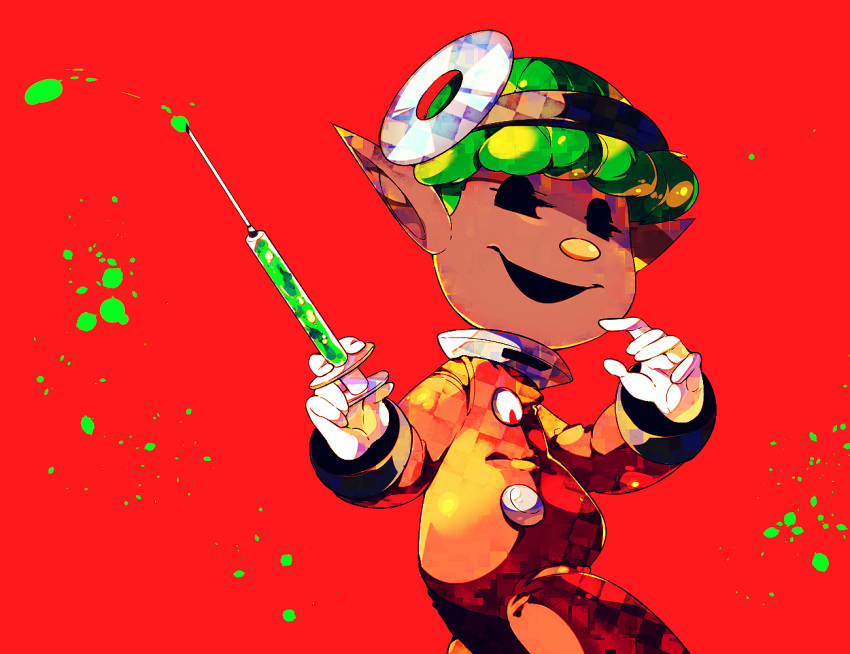 +_+ 1boy black_eyes black_headwear buttons commentary_request dark-skinned_male dark_skin feet_out_of_frame gauge gloves green_hair head_mirror holding holding_syringe jumpsuit looking_at_viewer male_focus no_headwear open_mouth outstretched_hand petals pikmin_(series) pikmin_4 pointy_ears red_background red_jumpsuit shirushiki short_hair simple_background smile solid_eyes solo spacesuit syringe very_short_hair white_gloves yonny_(pikmin)