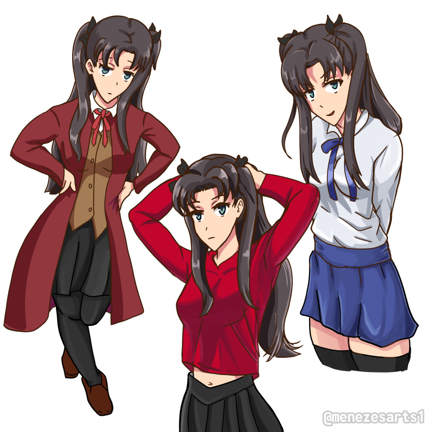1girl absurdres brown_hair fate/grand_order fate/stay_night fate/zero fate_(series) green_eyes highres menezesarts1 miniskirt short_twintails skirt tohsaka_rin twintails
