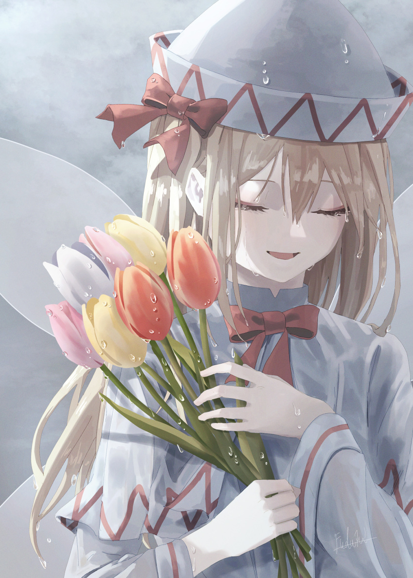 1girl absurdres artist_name blonde_hair capelet closed_eyes dress fairy fairy_wings flower fuduki. hair_between_eyes hat highres holding holding_flower lily_white long_hair long_sleeves open_mouth pink_flower red_flower signature solo touhou upper_body wet white_capelet white_dress white_flower white_headwear wings yellow_flower
