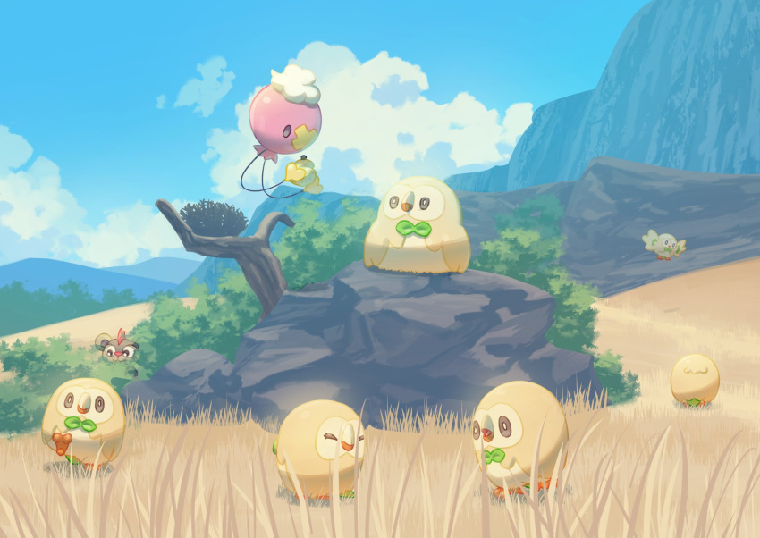 branch bright_pupils brown_eyes bush clouds commentary_request day drifloon highres litleo looking_up mokukitusui nest no_humans outdoors pokemon pokemon_(creature) rock rowlet sky standing walking white_pupils