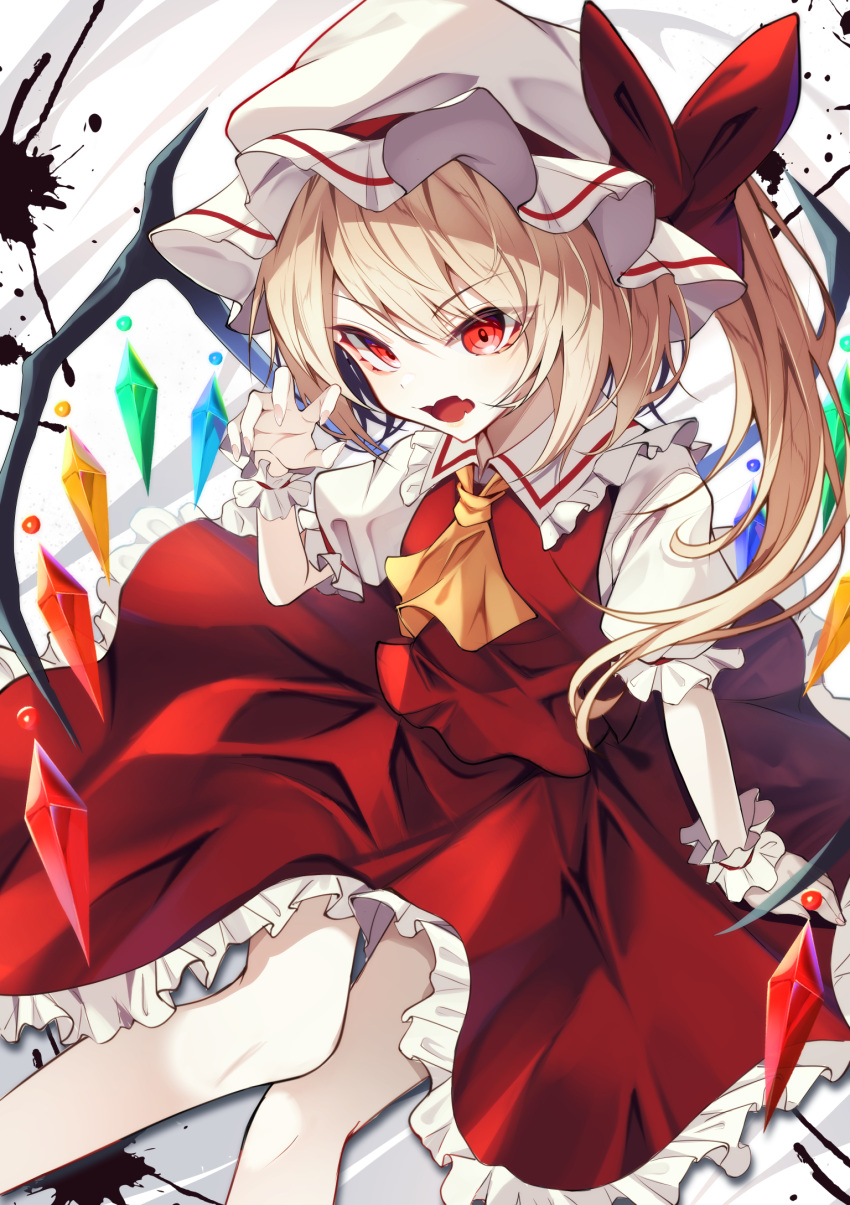 1girl arm_at_side ascot blonde_hair bow claw_pose commentary crystal eyelashes eyes_visible_through_hair fang feet_out_of_frame fingernails flandre_scarlet frilled_shirt_collar frilled_skirt frilled_sleeves frills from_above hair_between_eyes hair_bow hand_up hat highres long_hair looking_at_viewer mob_cap open_mouth puffy_short_sleeves puffy_sleeves rainbow_order red_bow red_eyes red_skirt red_vest sharp_fingernails shirt short_sleeves side_ponytail simple_background sitting skin_fang skirt solo touhou tsurime vest white_background white_headwear white_shirt wings yamanakaume yellow_ascot