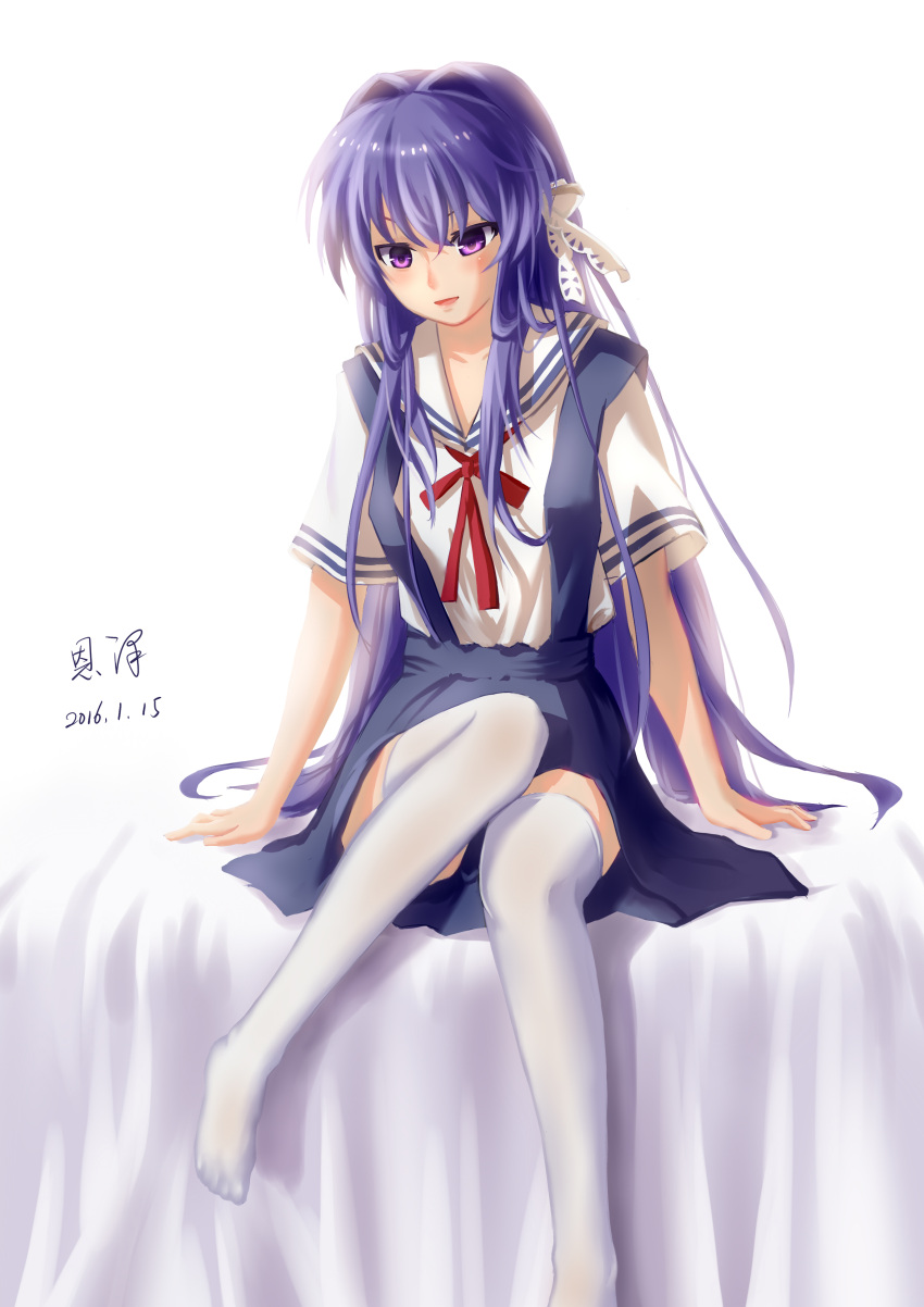 1girl 2016 :d absurdres arms_at_sides bed_sheet blue_skirt blush chinese_commentary clannad commentary_request crossed_bangs dated eyebrows_hidden_by_hair foot_out_of_frame fujibayashi_kyou hair_intakes hair_over_shoulder hair_ribbon high-waist_skirt highres knee_up knees_together_feet_apart legs long_hair looking_at_viewer no_shoes nose open_mouth painttool_sai_(medium) partial_commentary purple_hair red_ribbon ribbon sailor_collar school_uniform serafuku shirt short_sleeves sidelocks signature simple_background sitting skirt smile straight_hair suspender_skirt suspenders thigh-highs tress_ribbon v-shaped_eyebrows very_long_hair violet_eyes white_background white_ribbon white_sailor_collar white_shirt white_thighhighs xiaobanbei_milk zettai_ryouiki