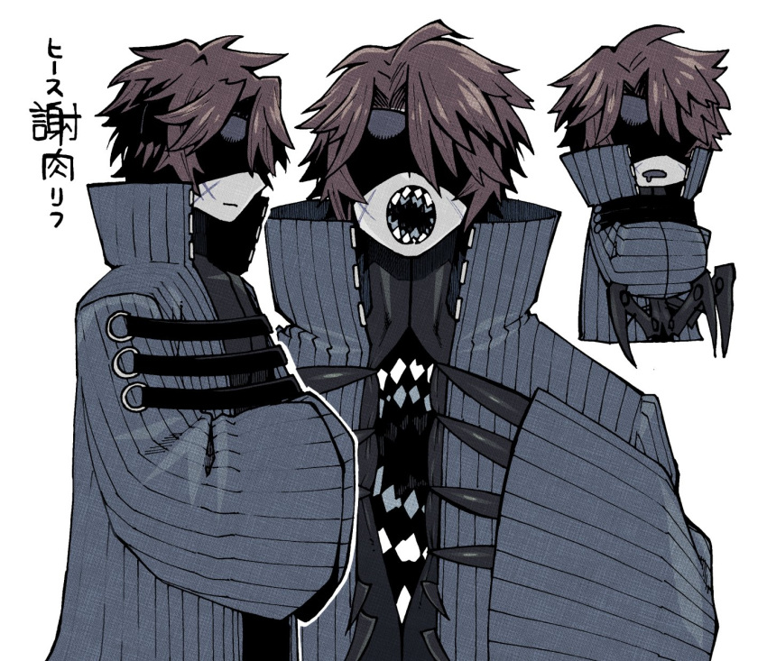 1boy black_coat blindfold blue_coat brown_hair claws coat heathcliff_(project_moon) highres library_of_ruina limbus_company long_sleeves multiple_views open_mouth project_moon sharp_teeth simple_background teeth the_carnival_(project_moon) touma_rui white_background