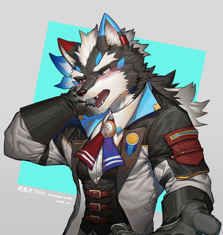 1boy absurdres animal_ears arm_behind_head black_gloves blush character_name commentary_request fangs furry furry_male gloves highres indie_virtual_youtuber looking_down male_focus open_hand open_mouth oumaga_wald outstretched_hand shy ty_arashi wolf_boy wolf_ears