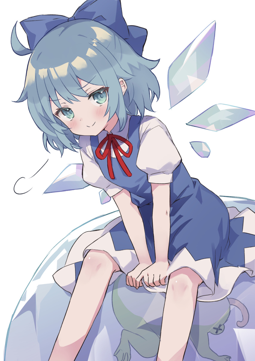 1girl absurdres ahase_hino ahoge animal blue_bow blue_dress blue_eyes blue_hair blush bow cirno closed_mouth collared_shirt dress feet_out_of_frame frog hair_bow highres ice ice_wings looking_at_viewer medium_hair neck_ribbon pinafore_dress puffy_short_sleeves puffy_sleeves red_ribbon ribbon shirt short_sleeves simple_background sleeveless sleeveless_dress smile touhou v_arms white_background white_shirt wings