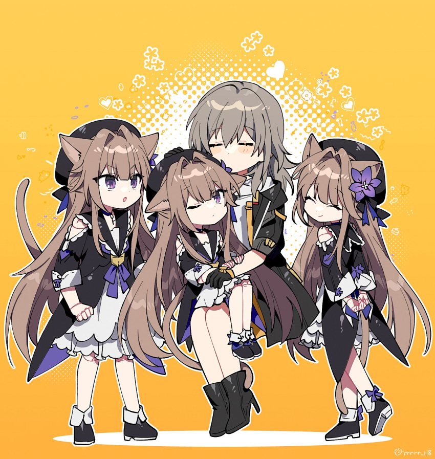 4girls :o animal_ears arms_behind_back beret black_coat black_footwear black_gloves black_headwear black_jacket blush bow brown_hair cat_ears cat_tail closed_eyes clothing_cutout coat doll_joints dress floppy_ears flower flower_ornament footwear_bow frills gloves grey_hair hair_intakes hat heart herta_(honkai:_star_rail) highres honkai:_star_rail honkai_(series) jacket joints kemonomimi_mode key lock long_hair long_sleeves looking_at_another multiple_girls neckerchief one_eye_closed open_clothes puppet purple_bow purple_flower purple_neckerchief purple_ribbon ribbon rrrrr_h8 short_hair shoulder_cutout sitting sitting_on_lap sitting_on_person sleeve_rolled_up standing standing_on_one_leg tail tail_raised tail_wrap trailblazer_(honkai:_star_rail) violet_eyes white_dress yellow_background