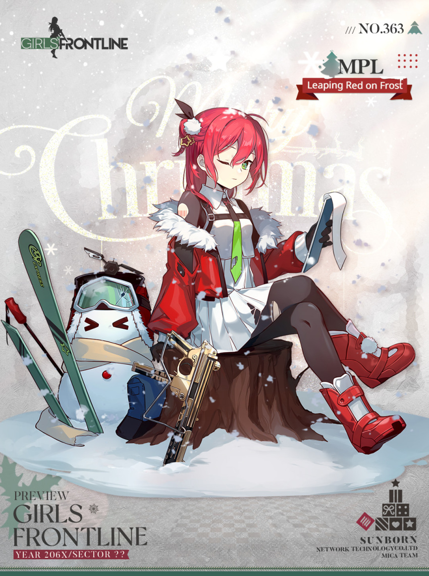 &gt;_&lt; 1girl ahoge barcode barcode_tattoo black_gloves bodystocking broken_goggles character_name checkered_floor christmas christmas_tree closed_mouth commentary company_name copyright_name crossed_legs dress drone english_commentary english_text frosted_glass full_body fur-trimmed_jacket fur_trim girls_frontline gloves goggles green-tinted_eyewear green_eyes green_necktie hair_ornament heart highres holding holding_notepad holly id_card jacket kinoshita_neko long_hair looking_at_viewer merry_christmas mpl_(girls'_frontline) mpl_(leaping_red_on_frost)_(girls'_frontline) necktie notepad off_shoulder official_alternate_costume official_art one_eye_closed planted pom_pom_(clothes) promotional_art red_footwear red_jacket red_nose redhead scarf second-party_source shoulder_tattoo sitting_on_tree_stump ski_boots ski_pole skis snowflakes snowman solo star_(symbol) star_hair_ornament tattoo tinted_eyewear torn_bodystocking torn_clothes torn_dress torn_jacket torn_necktie tree_stump unworn_headwear white_background white_dress yellow_scarf