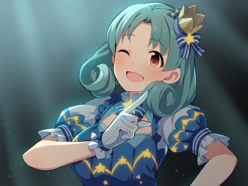 1girl ;d blue_bow blue_dress blush bow breasts brown_eyes crown dress gloves green_hair idolmaster idolmaster_million_live! looking_at_viewer medium_breasts mini_crown one_eye_closed parted_bangs puffy_short_sleeves puffy_sleeves short_sleeves smile solo star_(symbol) striped striped_bow tilted_headwear tokugawa_matsuri uccow upper_body white_gloves