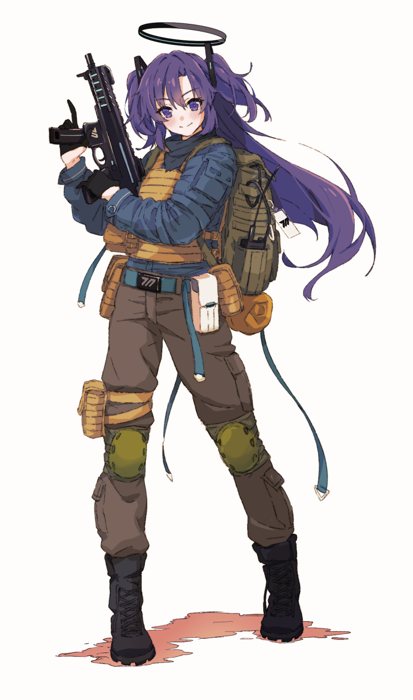 1girl alternate_costume backpack bag black_gloves blue_archive blush boots commentary_request full_body gloves gun half_gloves halo highres holding holding_gun holding_weapon knee_pads long_hair looking_at_viewer military_operator purple_hair radio sakenomi_akane sig_mpx simple_background smile solo submachine_gun two_side_up violet_eyes weapon white_background yuuka_(blue_archive)