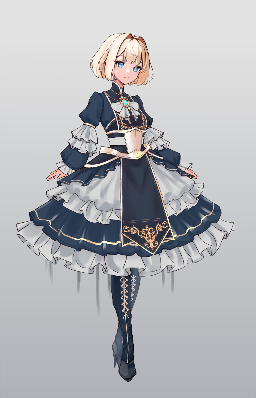 1girl absurdres ahrius_fox blonde_hair blue_dress blue_eyes brown_dust_2 chest_armor cross-laced_clothes cross-laced_legwear dress embroidered_dress frilled_dress frills full_body high_heels highres jewelry justia_(brown_dust) necklace short_hair turtleneck_dress