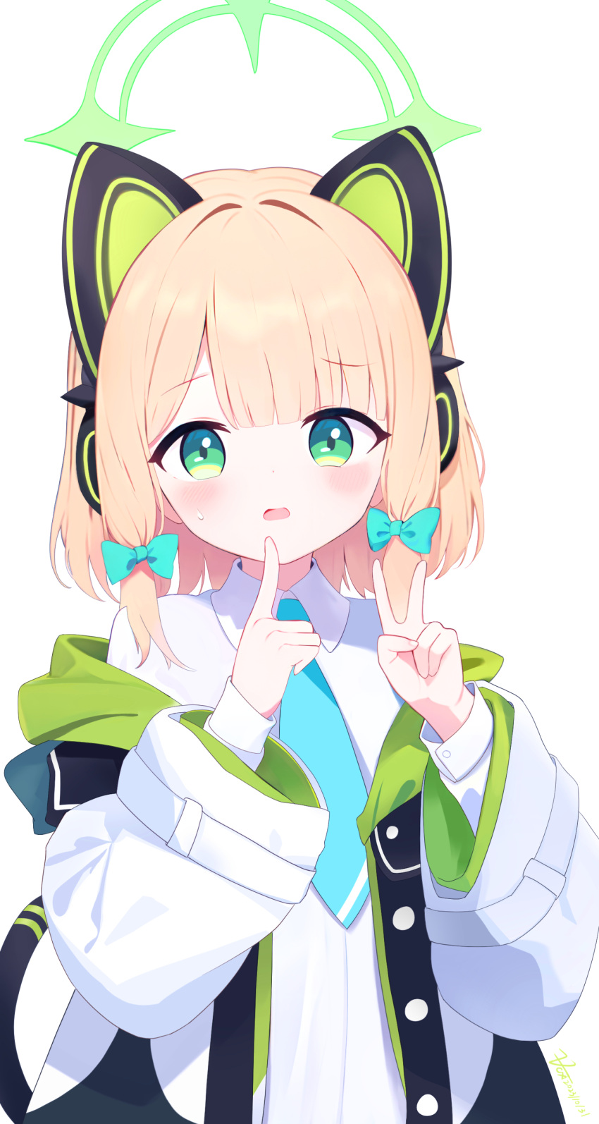 1girl absurdres animal_ear_headphones animal_ears blonde_hair blue_archive blue_bow blue_necktie blush bow cat_tail collared_shirt commentary_request fake_animal_ears green_eyes green_halo hair_bow halo headphones highres jacket long_sleeves midori_(blue_archive) necktie open_mouth revision shirt short_hair simple_background solo tail two-sided_fabric two-sided_jacket upper_body white_background white_jacket white_shirt zcx