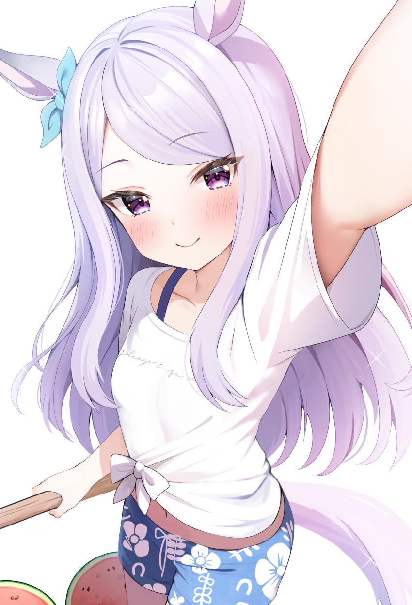 1girl absurdres alternate_costume arm_up blush breasts closed_mouth collarbone food fruit gaze_on_me!_outfit_(umamusume) highres horse_girl long_hair looking_at_viewer mejiro_mcqueen_(umamusume) navel purple_hair rei_(ilust9999) shorts simple_background small_breasts smile solo umamusume violet_eyes watermelon white_background