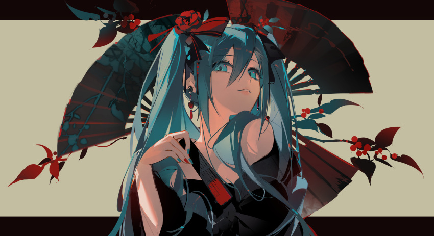 1girl absurdres aqua_eyes aqua_hair aqua_nails bare_shoulders black_kimono commentary_request earrings flower folding_fan hair_between_eyes hair_flower hair_ornament hair_over_shoulder hand_fan hand_up hatsune_miku highres japanese_clothes jewelry kimono letterboxed long_hair looking_at_viewer nyansky parted_lips smile solo twintails upper_body vocaloid wide_sleeves