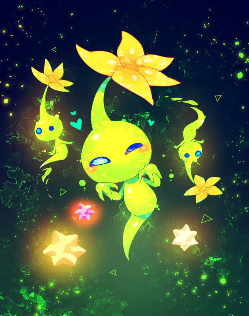 ^_^ arms_up black_background blue_eyes blush_stickers closed_eyes colored_skin commentary_request flower ghost_pose ghost_tail glow_pikmin glowing green_skin heart highres no_humans outstretched_arms petals pikmin_(creature) pikmin_(series) pikmin_4 shirushiki solid_circle_eyes star_bit straight-on triangle upside-down yellow_flower