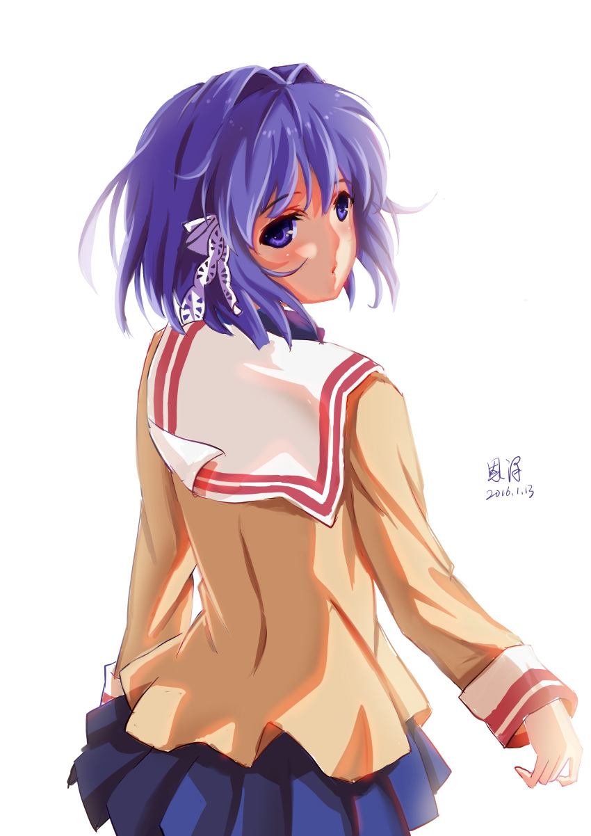 1girl 2016 absurdres arm_at_side blazer blue_skirt blush clannad commentary dated floating_hair from_behind fujibayashi_ryou hair_between_eyes hair_intakes hair_ribbon highres hikarizaka_private_high_school_uniform jacket long_sleeves looking_at_viewer looking_back miniskirt painttool_sai_(medium) parted_lips pleated_skirt purple_hair ribbon sailor_collar school_uniform short_hair simple_background skirt solo standing tress_ribbon upper_body violet_eyes white_background white_ribbon white_sailor_collar xiaobanbei_milk yellow_jacket