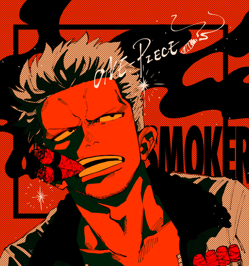 1boy black_eyes character_name cigar commentary_request facial_hair highres larugo0513 male_focus mouth_hold one_piece open_mouth short_hair smoker_(one_piece) solo teeth white_hair