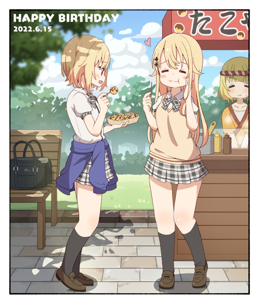 3girls bag bench black_bag black_socks blonde_hair blue_sky blue_sweater blush blush_stickers border bow bowtie breasts brown_footwear closed_eyes closed_mouth clothes_around_waist clouds collarbone collared_shirt commentary_request dated day eating facing_viewer flat_chest food food_stand full_body gochuumon_wa_usagi_desu_ka? grass grey_bow grey_bowtie grey_eyes grey_skirt hair_between_eyes happy_birthday highres holding holding_food japanese_clothes jinja_eru jinja_natsume kimono kirima_syaro kneehighs loafers looking_at_another miniskirt mohei multiple_girls open_mouth outdoors plaid plaid_bow plaid_bowtie plaid_skirt pleated_skirt puffy_short_sleeves puffy_sleeves school_uniform shadow shirt shoes short_hair short_sleeves siblings sidelocks sisters skirt sky small_breasts smile socks standing sweat sweater sweater_around_waist sweater_vest takoyaki toothpick tree twins white_border white_shirt yellow_kimono yellow_sweater yukata