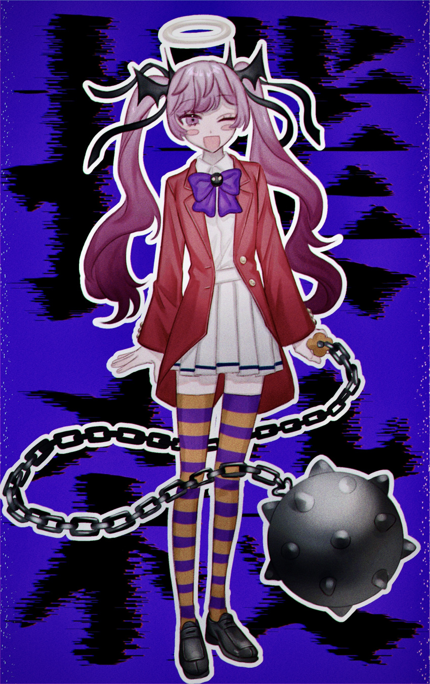 1girl absurdres arms_at_sides ball_and_chain_(weapon) bat_hair_ornament black_footwear blazer blush_stickers bokusatsu_tenshi_dokuro-chan bow bowtie collared_shirt commentary_request cosplay dress_shirt full_body hair_ornament halo highres holding_flail jacket loafers long_hair long_sleeves looking_at_viewer mahou_shoujo_minky_pinky mitsukai_dokuro mitsukai_dokuro_(cosplay) napoli_no_otokotachi one_eye_closed open_clothes open_jacket open_mouth orange_thighhighs outline pleated_skirt purple_background purple_bow purple_bowtie purple_hair purple_thighhighs red_jacket shirt shirt_tucked_in shoes skirt smile solo spiked_ball_and_chain standing striped striped_thighhighs text_background thigh-highs twintails violet_eyes white_outline white_shirt white_skirt za_(sametapizza_)