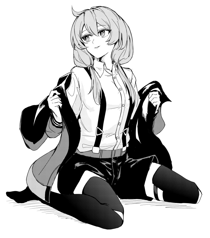 1girl absurdres arknights blue_poison_(arknights) blue_poison_(elite_ii)_(arknights) buttons collared_shirt dress_shirt greyscale hands_up highres holding holding_clothes long_sleeves looking_to_the_side low_twintails monochrome purokion_katou removing_jacket shirt shorts sitting smile solo suspender_shorts suspenders thigh-highs twintails wariza white_background