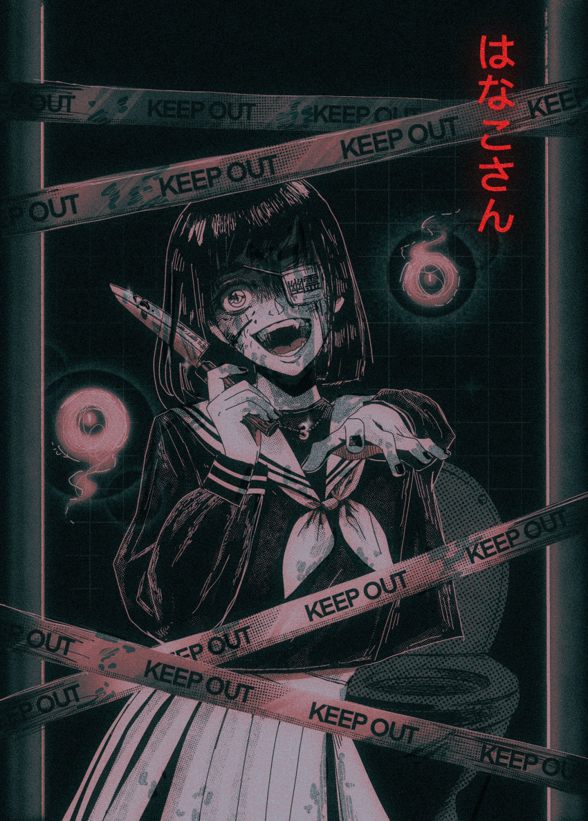 1girl 7heartsart black_eyes black_nails black_shirt blood blood_on_face blood_on_weapon blunt_bangs bob_cut character_name english_commentary evil_smile eyepatch ghost hanako-san_(toire_no_hanako-san) highres hitodama holding holding_knife horror_(theme) indoors knife long_sleeves looking_at_viewer medical_eyepatch nail_polish neckerchief open_mouth pleated_skirt restroom school_uniform shirt short_hair skirt smile solo teeth toilet toire_no_hanako-san weapon white_neckerchief white_skirt yandere