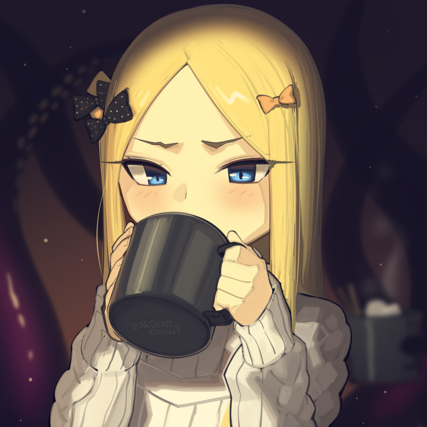 1girl abigail_williams_(fate) black_bow blonde_hair blue_eyes blurry blurry_background blush boa_(brianoa) bow breasts coffee_mug cup drinking fate/grand_order fate_(series) forehead highres long_hair long_sleeves looking_at_viewer mug orange_bow parted_bangs small_breasts solo sweater tentacles white_sweater