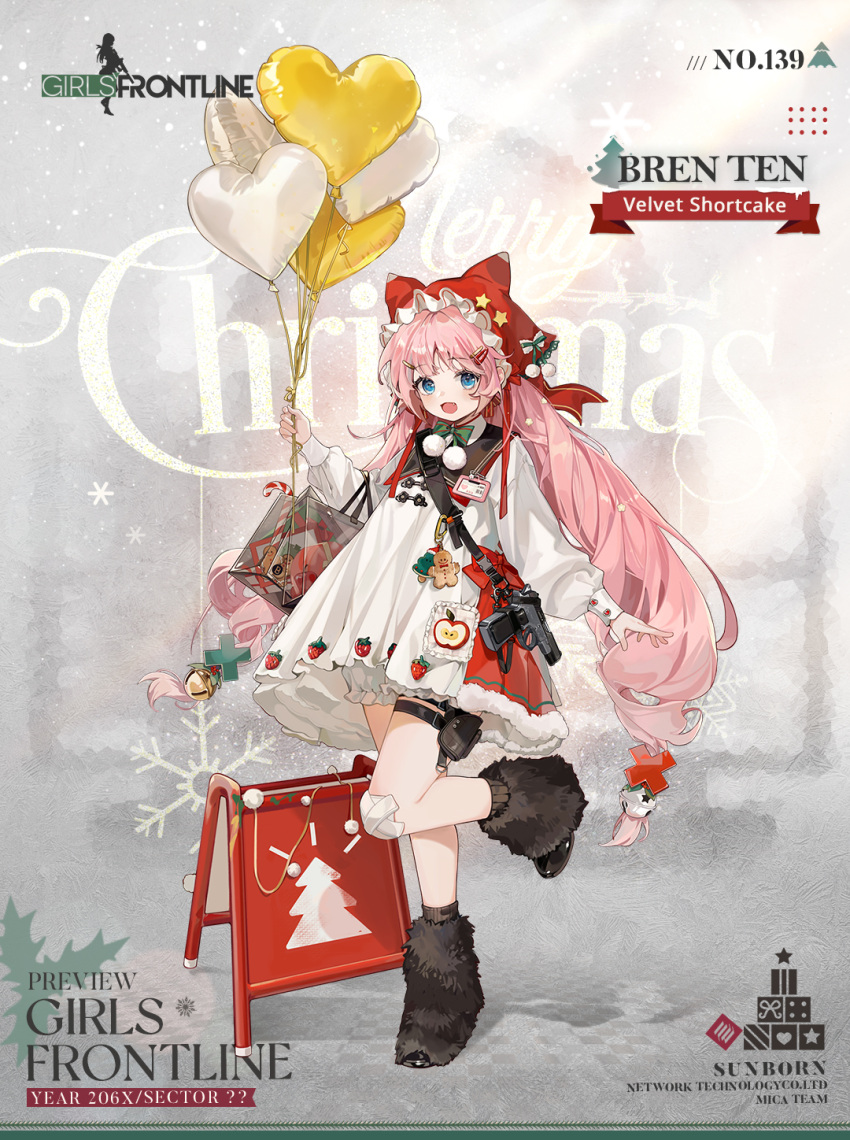 1girl apple apple_core artist_request balloon bandaid bandaid_on_knee bandaid_on_leg bell black_footwear black_sailor_collar black_socks bloomers blue_eyes blush boots bow bowtie box bren_ten bren_ten_(girls'_frontline) bren_ten_(velvet_shortcake)_(girls'_frontline) candy candy_cane character_name checkered_floor christmas christmas_tree commentary company_name copyright_name crossed_bandaids dress english_commentary english_text fang food frosted_glass fruit full_body fur_boots gift gift_box gingerbread_man girls_frontline green_bow green_bowtie gun hair_ornament hairclip handgun heart heart_balloon highres holly holster id_card jingle_bell keychain long_hair long_sleeves looking_at_viewer merry_christmas official_alternate_costume official_art open_mouth pink_hair pom_pom_(clothes) promotional_art red_headwear sailor_collar second-party_source sign smile snap-fit_buckle snowflakes socks solo standing standing_on_one_leg star_(symbol) strawberry thigh_holster transparent_bag twintails very_long_hair weapon white_background white_bloomers white_dress x_hair_ornament