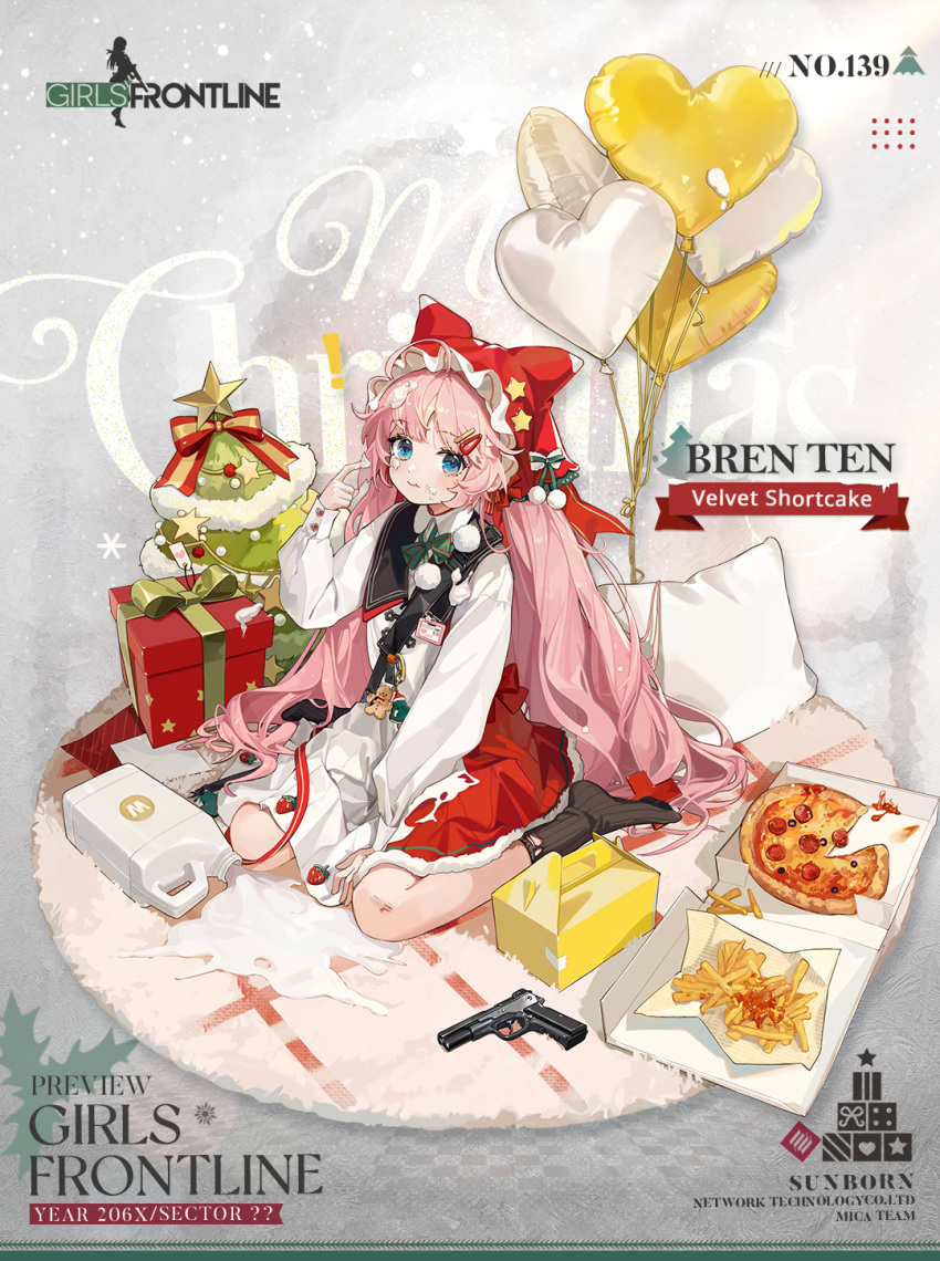 ! 1girl :t artist_request balloon between_legs black_sailor_collar black_socks blue_eyes blush bow bowtie box bren_ten bren_ten_(girls'_frontline) bren_ten_(velvet_shortcake)_(girls'_frontline) carton character_name checkered_floor christmas christmas_star christmas_tree closed_mouth commentary company_name copyright_name dress english_commentary english_text food food_on_clothes food_on_face food_on_hand french_fries frosted_glass fruit full_body gift_wrapping gingerbread_man girls_frontline green_bow green_bowtie gun hair_ornament hairclip hand_between_legs hand_up handgun heart heart_balloon highres holly id_card keychain long_hair long_sleeves looking_at_viewer merry_christmas no_shoes official_alternate_costume official_art pepperoni pillow pink_hair pizza pizza_box pom_pom_(clothes) promotional_art red_headwear rug sailor_collar scraped_knee second-party_source sitting smile snap-fit_buckle snowflakes socks solo spill star_(symbol) strawberry takeout_container torn_clothes torn_dress torn_socks twintails very_long_hair wariza weapon whipped_cream white_background white_dress x_hair_ornament