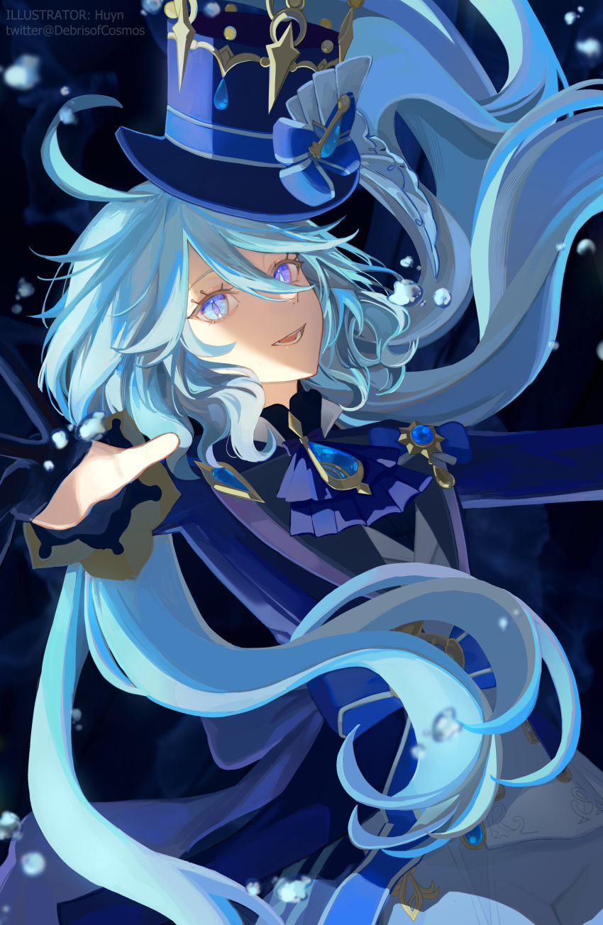 1girl absurdres ahoge artist_name ascot blue_ascot blue_eyes blue_gemstone blue_gloves blue_hair blue_jacket drop-shaped_pupils english_commentary furina_(genshin_impact) gem genshin_impact gloves hair_between_eyes half_gloves hat heterochromia highres huyn jacket light_smile long_hair long_sleeves looking_at_viewer mismatched_pupils open_mouth reaching reaching_towards_viewer single_half_glove solo top_hat twitter_username underwater very_long_hair white_hair