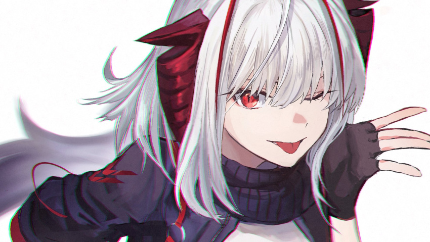1girl 99noe_honoka ;p \||/ ahoge antenna_hair arknights black_gloves black_jacket black_scarf blurry blurry_background chromatic_aberration close-up commentary demon_girl demon_horns depth_of_field dyed_ahoge eyelashes fingerless_gloves gloves grey_hair hair_between_eyes hair_flowing_over hair_over_eyes hand_in_own_hair hand_up highres horns insignia jacket long_hair long_sleeves looking_at_viewer lower_teeth_only o-ring o-ring_strap one_eye_closed open_clothes open_hand open_jacket parted_lips portrait red_eyes red_horns scarf shadow shirt sidelocks simple_background slit_pupils smile solo strap striped striped_scarf symbol-only_commentary teeth tongue tongue_out vertical-striped_scarf vertical_stripes w_(arknights) waving white_background white_shirt zipper
