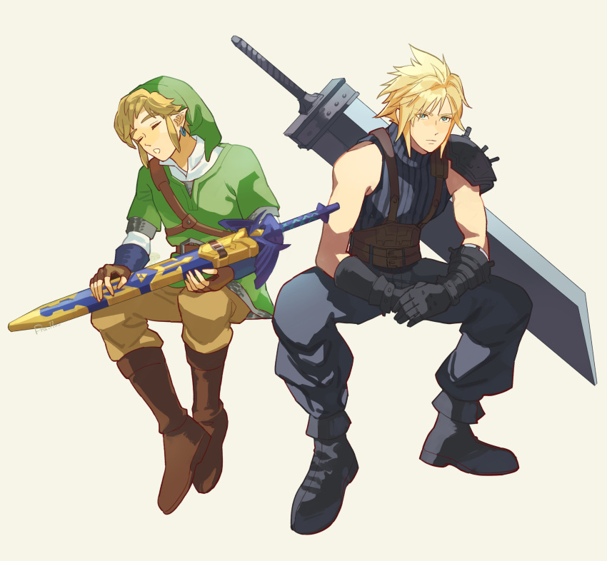 2boys absurdres armor belt blonde_hair blue_eyes buster_sword closed_eyes closed_mouth cloud_strife commentary_request earrings final_fantasy final_fantasy_vii final_fantasy_vii_advent_children final_fantasy_vii_remake fingerless_gloves gloves green_tunic hat highres holding jewelry link male_focus multiple_belts multiple_boys open_mouth pointy_ears pra_11 shirt short_hair shoulder_armor sitting sleeveless sleeveless_turtleneck spiky_hair suspenders sword the_legend_of_zelda triforce tunic turtleneck weapon