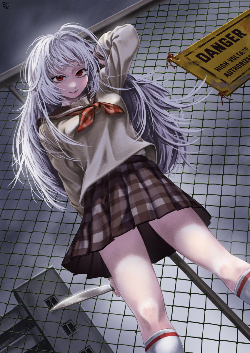 1girl absurdres black_sailor_collar brown_skirt building chain-link_fence chtv clouds cloudy_sky english_text fence highres holding holding_knife horror_(theme) knife long_hair original red_eyes sailor_collar skirt sky white_hair yandere