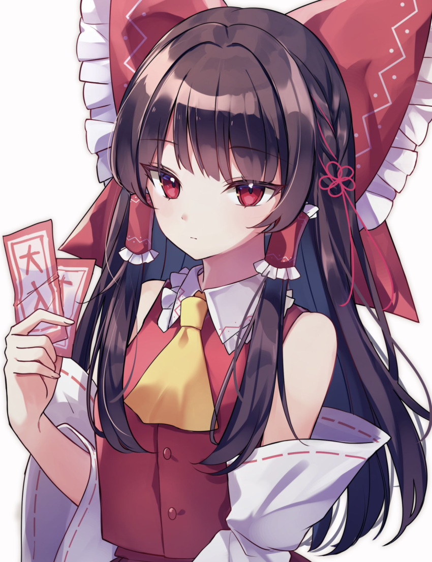 1girl ascot bare_shoulders between_fingers bow brown_hair buttons collar collared_vest detached_sleeves expressionless frilled_bow frilled_collar frilled_hair_tubes frills hair_bow hair_tubes hakurei_reimu hamonika_monika hand_up highres holding long_sleeves looking_at_viewer medium_hair ofuda ofuda_between_fingers print_bow red_bow red_eyes red_vest sidelocks simple_background solo touhou upper_body vest white_background white_collar white_sleeves wide_sleeves yellow_ascot