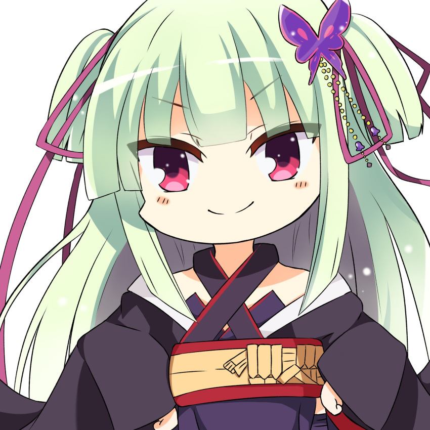 &gt;:) 0x_x0ku 1girl bare_shoulders black_kimono blunt_bangs blunt_ends blush blush_stickers butterfly_hair_ornament chibi closed_mouth commentary_request criss-cross_halter eyes_visible_through_hair green_hair hair_ornament hair_ribbon halterneck hands_on_own_hips highres hime_cut japanese_clothes kimono long_hair long_ribbon long_sleeves looking_at_viewer murasame_(senren) purple_ribbon red_eyes ribbon senren_banka sidelocks simple_background smile solo split_mouth two_side_up v-shaped_eyebrows very_long_hair white_background wide_sleeves