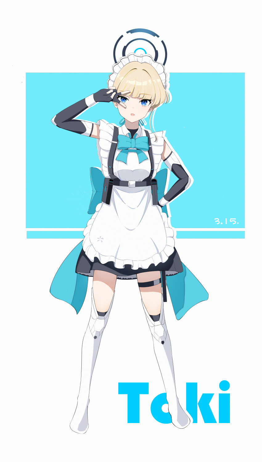 1girl absurdres apron belt_pouch black_dress black_gloves blonde_hair blue_archive blue_bow blue_bowtie blue_eyes blue_halo blunt_bangs bow bowtie character_name chest_harness commentary dress err_(artist) fingerless_gloves full_body gloves halo hand_on_own_hip hand_up harness highres looking_at_viewer maid maid_headdress open_mouth pouch solo standing toki_(blue_archive) white_apron white_footwear