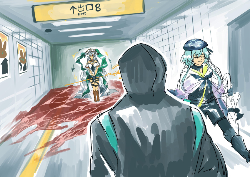 1boy 1girl 1other absurdres arknights blood blue_hair blue_headwear closed_eyes crossover doctor_(arknights) exit_sign from_behind hallway hat highres holding holding_staff holding_umbrella hood hood_up indoors light_blue_hair long_hair mahimeko mizuki_(arknights) parody poster_(object) short_hair_with_long_locks shorts skadi_(arknights) skadi_the_corrupting_heart_(arknights) sketch smile staff the_exit_8 umbrella