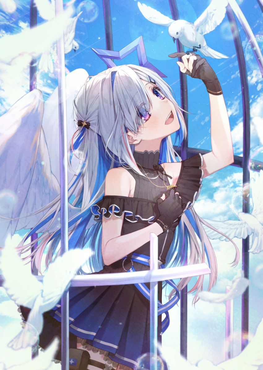 1girl amane_kanata amane_kanata_(work_outfit) angel_wings belt bird black_dress black_gloves blue_belt blue_hair blue_sky clouds colored_inner_hair commentary_request cowboy_shot dress feathers frilled_dress frills gloves grey_hair hair_ornament hairclip highres hololive jewelry lens_flare light_particles long_hair moro_(from_m0r0) multicolored_hair necklace official_alternate_costume official_alternate_hair_length official_alternate_hairstyle open_mouth partially_fingerless_gloves planet pleated_dress short_sidetail shuriken_necklace sky sleeveless sleeveless_dress smile solo star_(symbol) star_hair_ornament streaked_hair swept_bangs teeth thigh_pouch thigh_strap upper_teeth_only violet_eyes virtual_youtuber white_bird wings