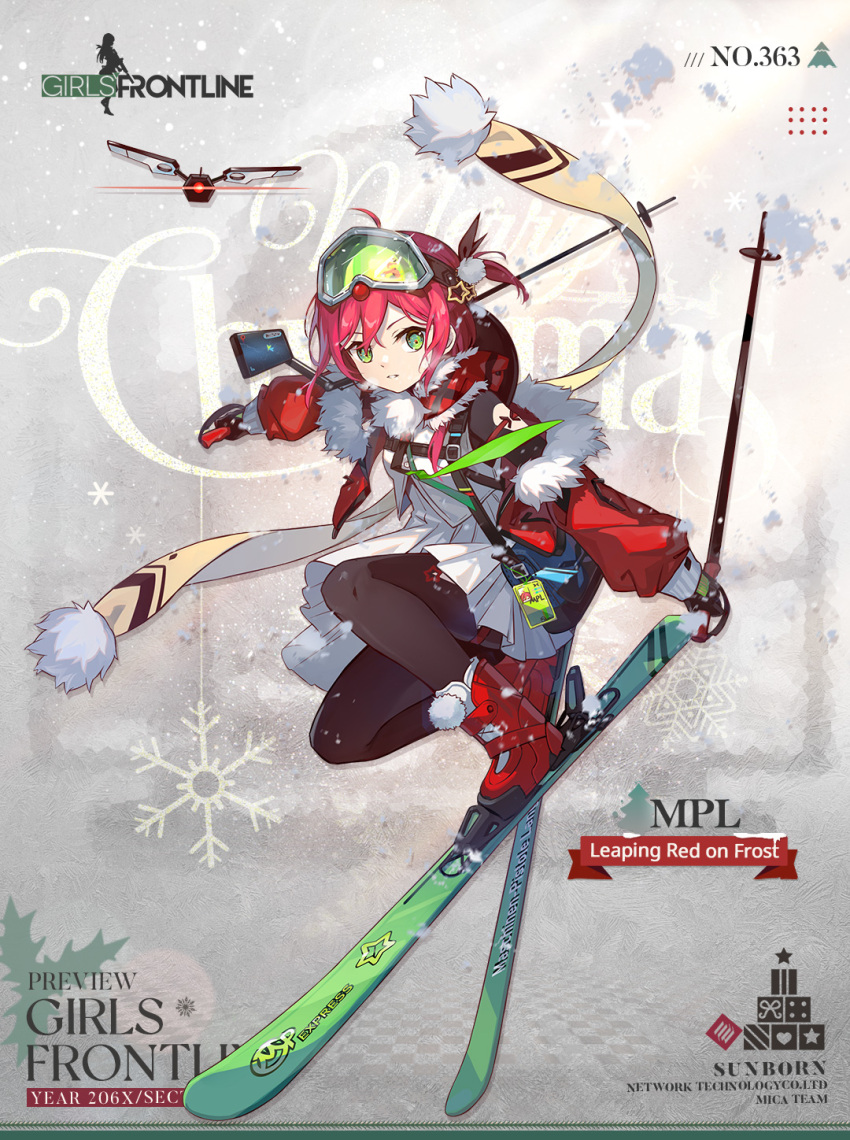 1girl ahoge bag black_gloves blue_bag bodystocking character_name checkered_floor christmas christmas_tree commentary company_name copyright_name dress drone english_commentary english_text frosted_glass full_body fur-trimmed_jacket fur_trim girls_frontline gloves goggles green-tinted_eyewear green_eyes green_necktie hair_ornament heads-up_display heart highres holding_ski_pole holly id_card jacket kinoshita_neko long_hair looking_at_viewer merry_christmas midair mpl_(girls'_frontline) mpl_(leaping_red_on_frost)_(girls'_frontline) necktie off_shoulder official_alternate_costume official_art parted_lips pom_pom_(clothes) promotional_art red_footwear red_jacket red_nose redhead scarf second-party_source shoulder_bag ski_boots ski_pole skis smile snowflakes solo star_(symbol) star_hair_ornament tinted_eyewear white_background white_dress yellow_scarf
