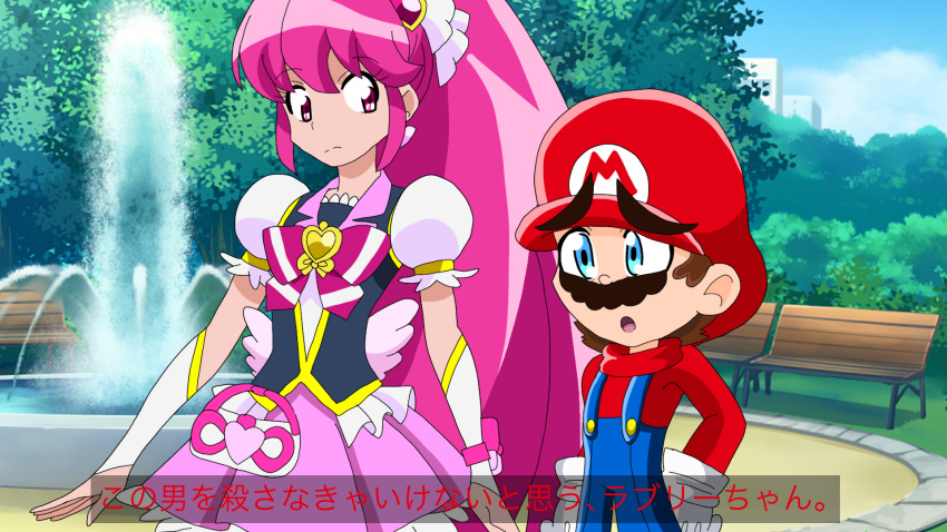 1boy 1girl aino_megumi alex-sama blue_eyes blue_overalls brooch crossover cure_lovely earrings facial_hair hair_ornament happinesscharge_precure! hat heart heart_brooch heart_earrings heart_hair_ornament highres i_think_we're_gonna_have_to_kill_this_guy_steven_(meme) jewelry long_hair magical_girl mario meme mustache overalls pink_eyes pink_hair ponytail pouch precure puffy_short_sleeves puffy_sleeves red_headwear red_shirt shirt short_hair short_sleeves super_mario_bros. upper_body