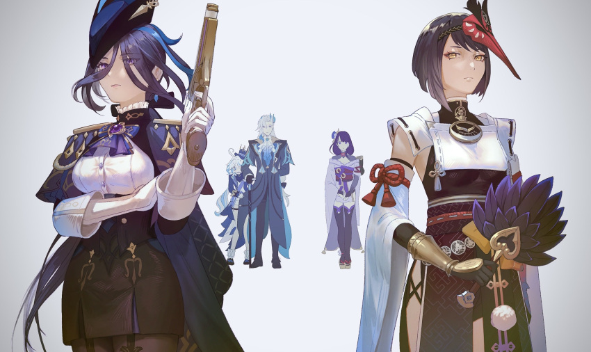 1boy 4girls ahoge black_gloves black_hair blue_headwear breasts cane clorinde_(genshin_impact) closed_mouth coat covering_breasts covering_privates detached_sleeves furina_(genshin_impact) genshin_impact gloves grey_background grey_hair gun hair_between_eyes hair_ornament hat highres holding holding_cane holding_gun holding_weapon japanese_clothes kujou_sara long_hair looking_at_viewer mask mask_on_head mizuku_hei multiple_girls neuvillette_(genshin_impact) pantyhose purple_hair raiden_shogun red_mask short_hair simple_background skirt thigh-highs violet_eyes weapon white_gloves wide_sleeves yellow_eyes