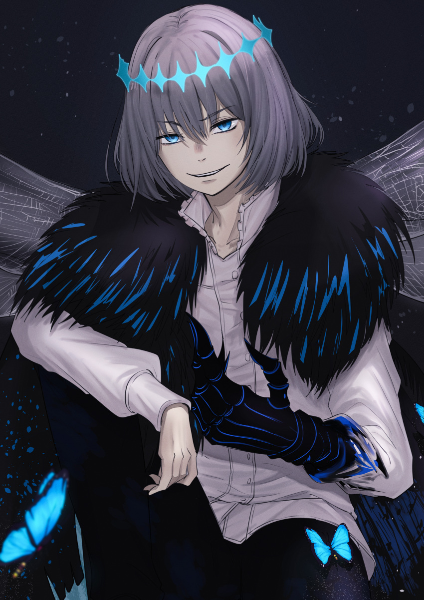 1boy absurdres black_cloak black_pants blue_eyes claws cloak commentary diamond_hairband dragonfly_wings fate/grand_order fate_(series) fur-trimmed_cloak fur_trim grey_hair highres looking_at_viewer male_focus oberon_(fate) oberon_(third_ascension)_(fate) pants shirt solo take978733141 white_shirt
