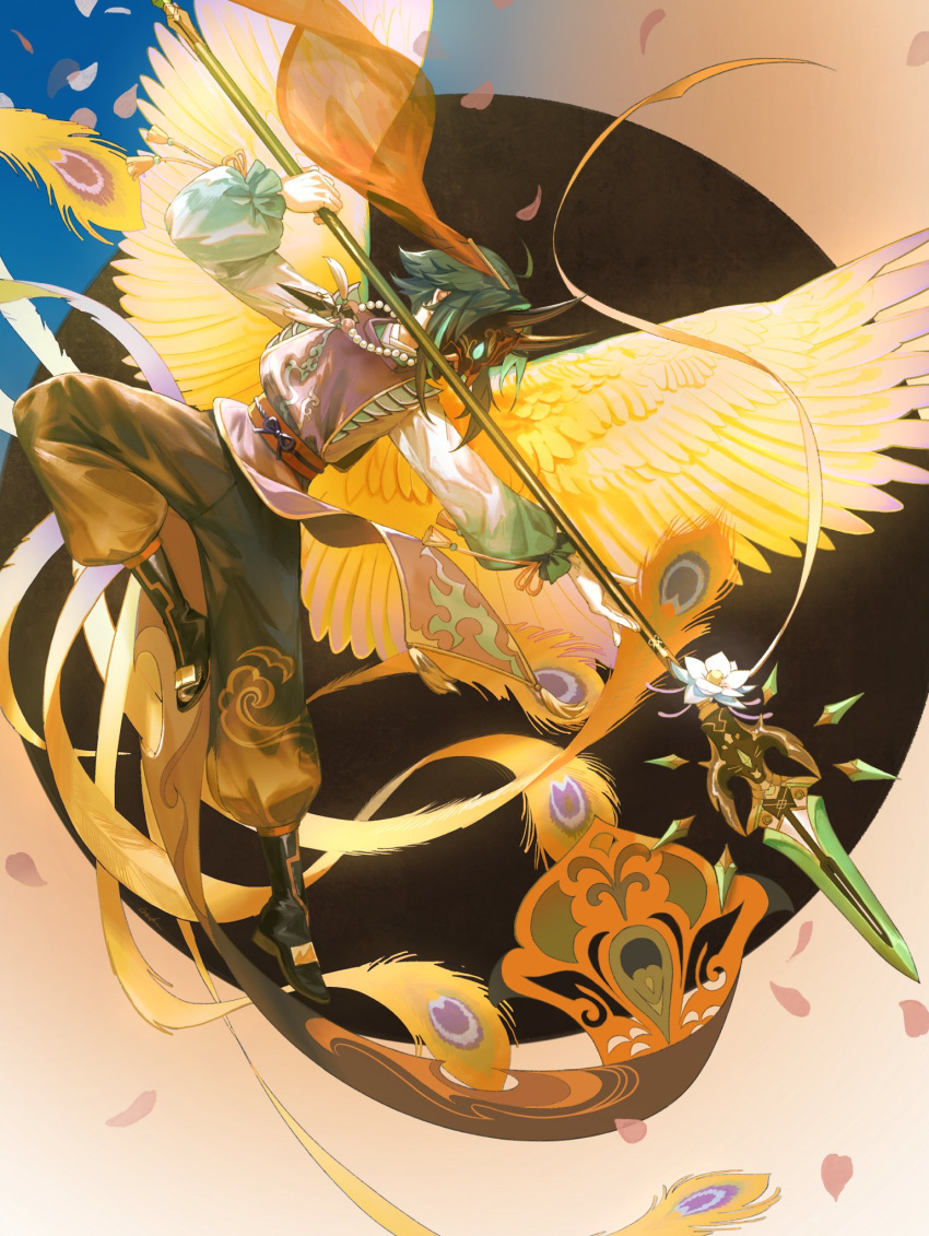 1boy bead_necklace beads black_mask feathered_wings feathers from_side genshin_impact green_hair highres holding holding_polearm holding_weapon horned_mask jewelry long_sleeves male_focus mask mizuku_hei necklace petals polearm primordial_jade_winged-spear_(genshin_impact) solo spear tassel weapon wings xiao_(genshin_impact)